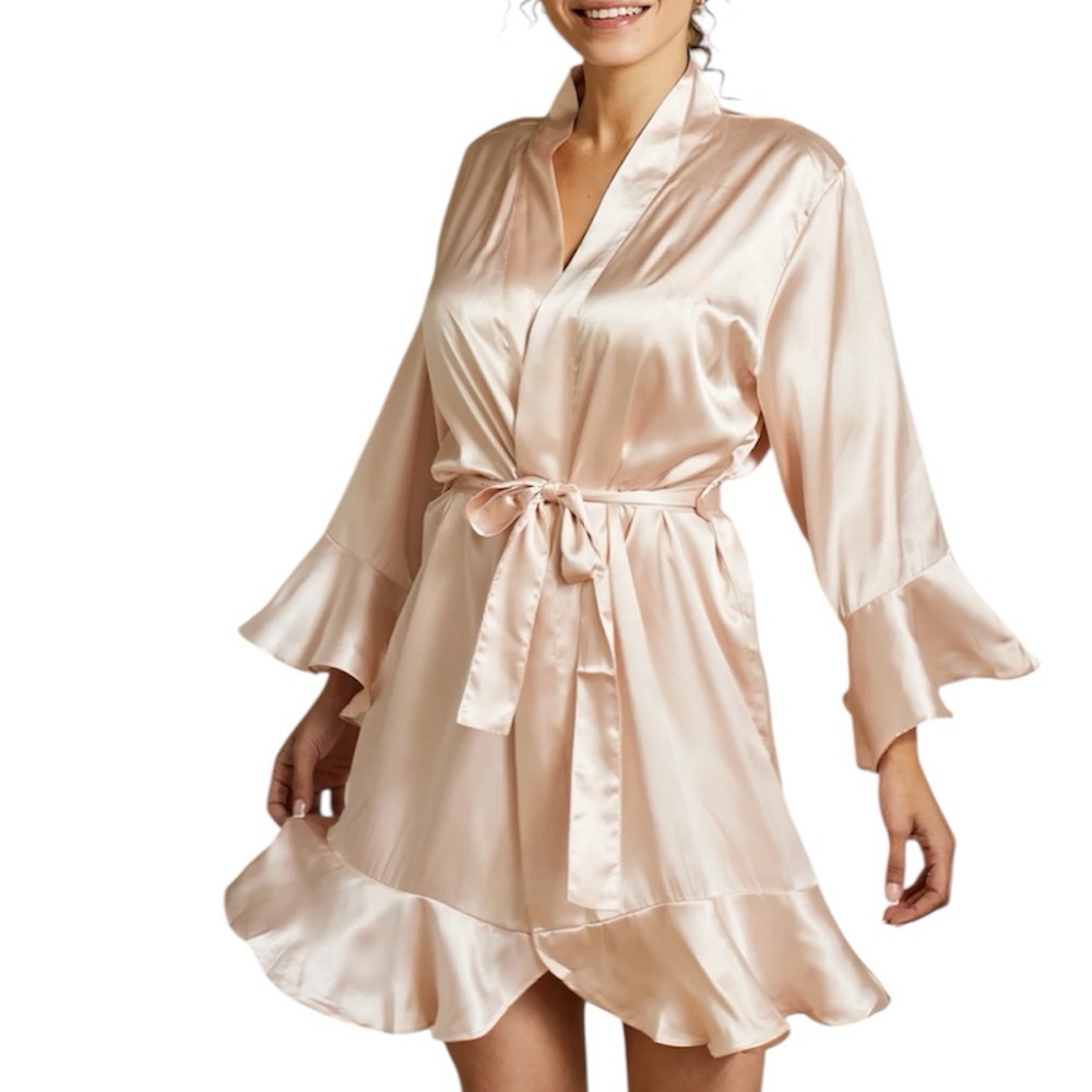 Champagne Satin Robe Ruffle Trim Tie Waist Bridal Getting Ready Robe S